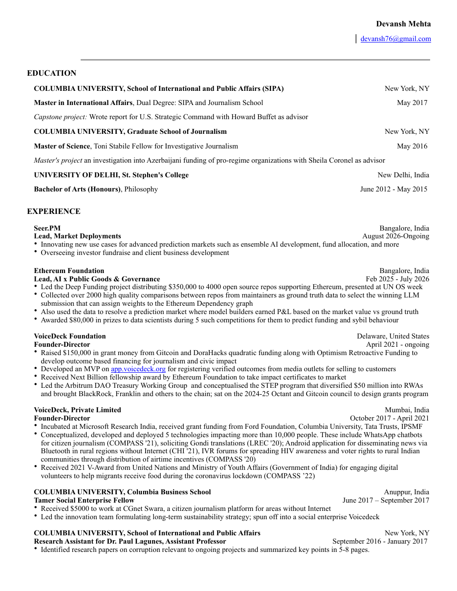 Preview of the first page of Devansh Mehta's curriculum vitae
